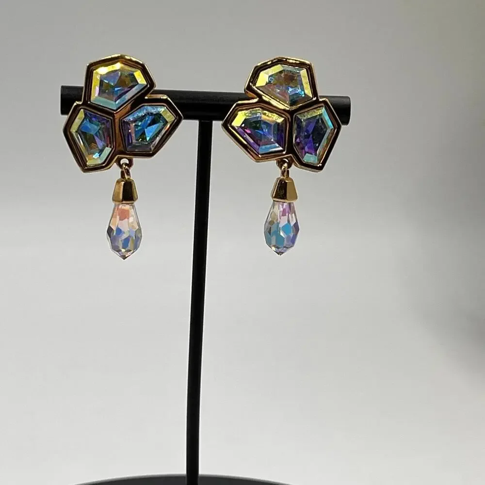 Swarovski Swan Vintage‎ Aurora Borealis Crystal Dangle Chandelier Stud Earrings